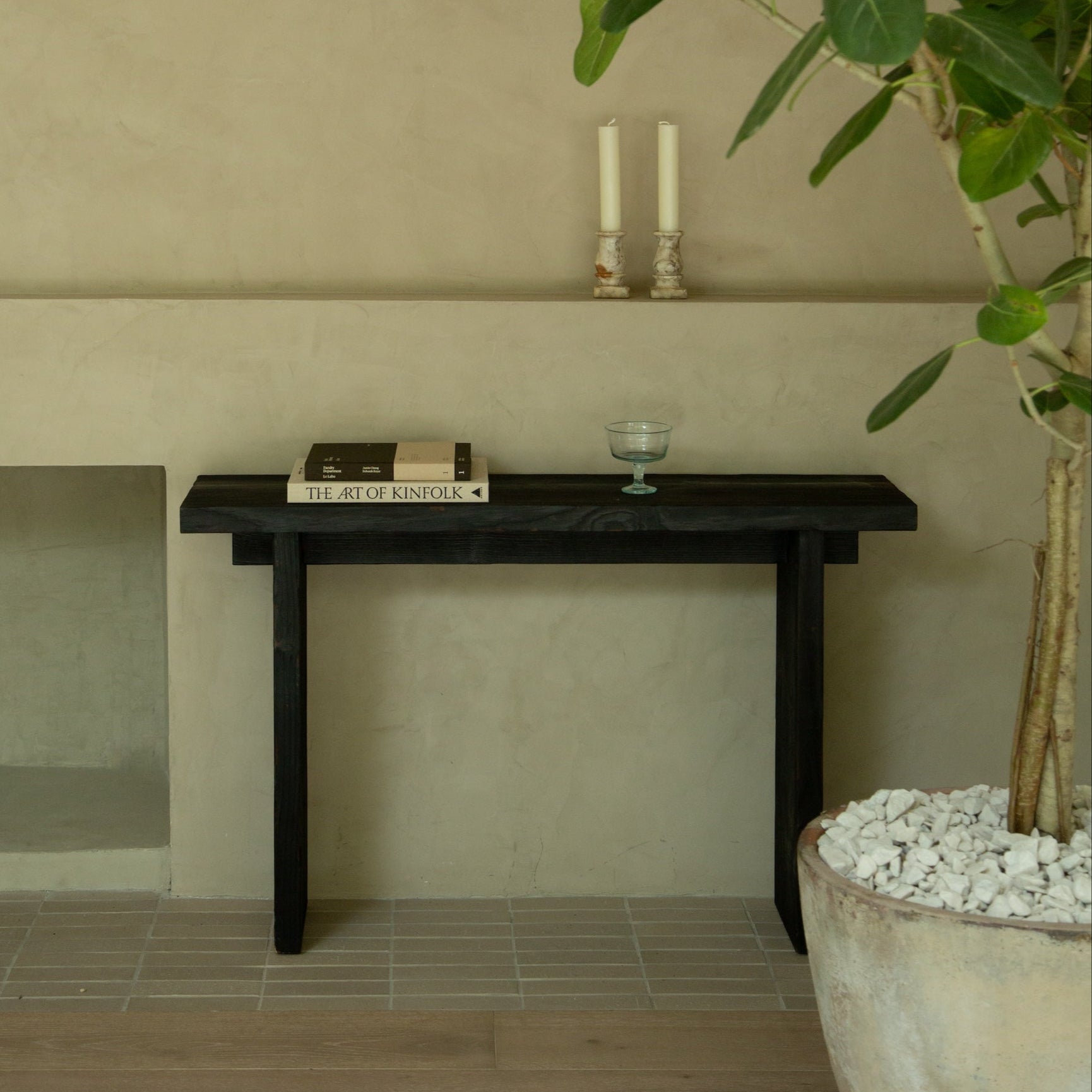 Sculptural Shou Sugi Ban Table: Rich Wood Grain, Black Finish