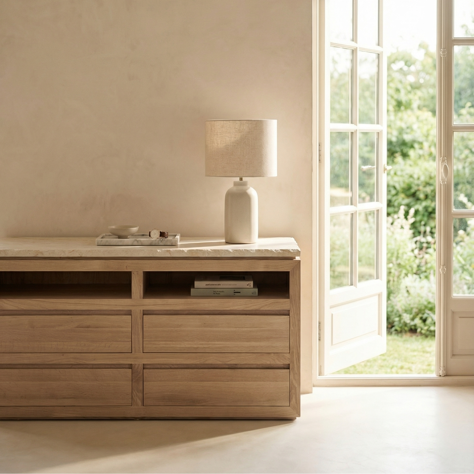 Sofita White Marble Dresser with Solid Oak Base